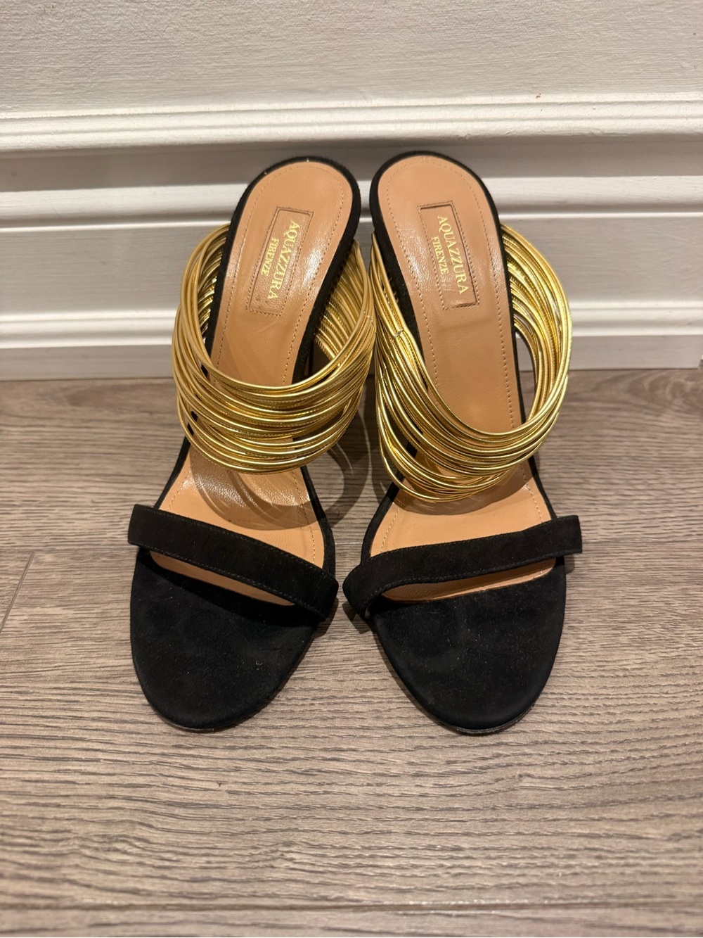Aquazzura Black Suede Slide Heels with Gold Coil Straps